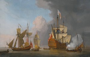 The Royal Sovereign Firing A Single Cannon With A Royal Yacht In A Light Air, Longboats And Other Men Of War And Shipping On A Calm Sea With Land Beyond To The Left — Willem Van De Velde The Younger