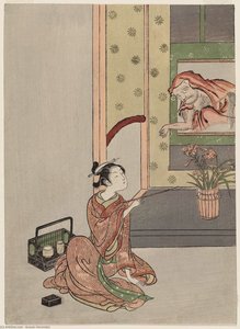 A Young Woman Smoking And Daruma Emerging From A Hanging Scroll — Suzuki Harunobu