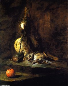 Two Rabbits With Game Bag, Powder Flask And Orange — Jean-baptiste-siméon Chardin