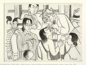 Medical Exam In Laundry Building, Central Utah Relocation Project, Topaz, Utah, 1942 — Miné Okubo
