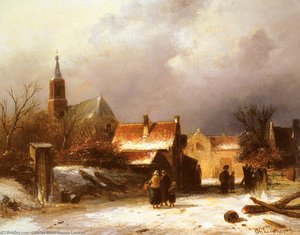 Figures On A Snow Covered Path With A Dutch Town Beyond — Charles Henri Joseph Leickert