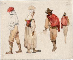 Four Works: Figure Studies From Sonnino, Italy; Figure Studies; Gothic Pillar; Landscape Study — Rudolf Von Alt