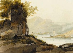A Ruin On A Hillside With A View Of A Pulwar On A Lake In The Distance — George Chinnery