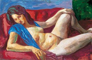Study Of A Reclining Female Nude With A Blue Wrap — Hans Feibusch