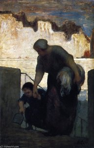 Une Laveuse Du Quai D'anjou, La Blanchisseuse, Huile Sur Toile A Washerwoman Of The Quay Of Anjou, The Washing Machine, Oils On Fabric — Honoré Daumier