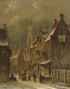 A Townview In Winter With Figures Conversing — Oene Romkes De Jongh