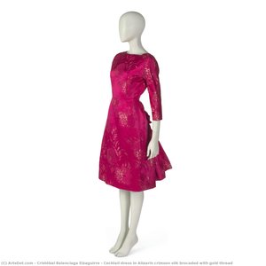 Cocktail Dress In Alizarin Crimson Silk Brocaded With Gold Thread — Cristóbal Balenciaga Eizaguirre
