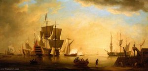 An English Flagship And Other Vessels Becalmed At Sun Down — Peter Monamy