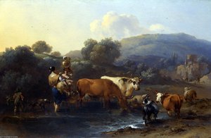Peasants With Cattle Fording A Stream — Nicolaes Pietersz Berchem