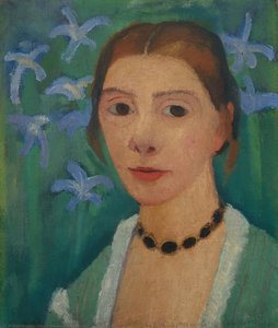 Self-portrait Before A Green Background With Blue Iris — Paula Modersohn-becker, Expressionist Modernism