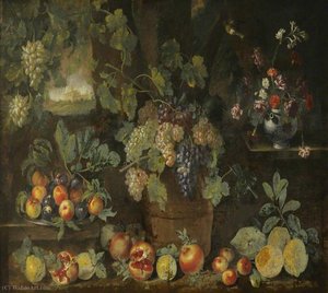 Still Life with Fruit and Flowers in a Landscape, in the Centre, a Tub Filled with Grapes