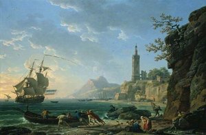 A Coastal Mediterranean Landscape With A Dutch Merchantman In A Bay — Claude-joseph Vernet