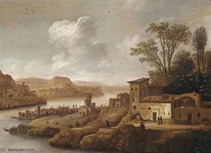 A Mediterranean River Landscape With Figures On The River Bank — Dirck Verhaert
