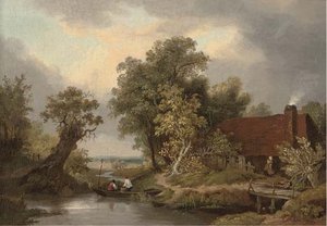 Figures In A Punt By A Cottage — James Stark