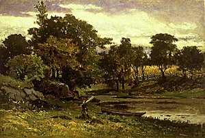 Untitled (landscape With Boat Moored Near Stream, Man Walking In Foreground), (painting) — Edward Mitchell Bannister
