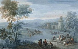A River Landscape With Figures On Horseback And Cattle Outside A Walled Town — Mathys Schoevaerdts