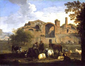 Landscape With Herdsmen And Animals In Front Of The Baths Of Diocletian, Rome — Pieter Van Bloemen