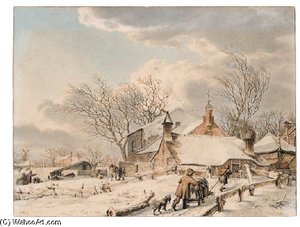 A Winter Landscape With Men And A Sledge Near A Farm, People On The Ice Beyond