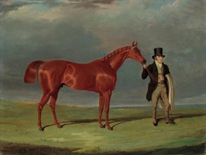 Bedlamite, A Chestnut Racehorse Held By His Trainer, In An Extensive Landscape — John Frederick Herring Senior