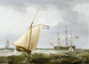 A Fishing Boat With A Warship At Anchor Off Dover, Kent — Thomas Whitcombe