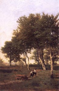 Landscape With Two Boys Carrying Firewood — Henri-joseph Harpignies