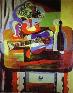 Guitar, Bottle, Bowl With Fruit, And Glass On Table — Pablo Picasso