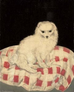 Chien Assis Sur Coussin Rouge Et Blanc — Léonard Tsuguharu Foujita