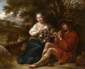 Elegant Shepherdess Listening To A Shepherd Playing The Recorder In An Arcadian Landscape — Govaert Flinck