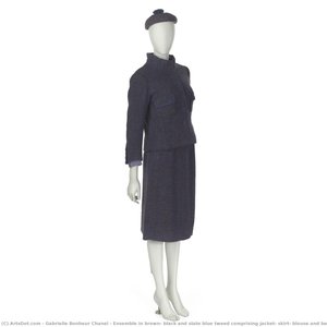 Ensemble In Brown, Black And Slate Blue Tweed Comprising Jacket, Skirt, Blouse And Beret — Gabrielle Bonheur Chanel, Contemporary Fashion