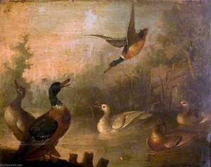 Mallards And A White Duck In A Pond — Marmaduke Cradock