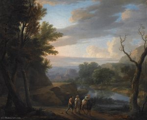 An Italianate Wooded Landscape With Travellers On A Path Along The Riverside — Herman Van Swanevelt