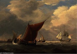 An English Flagship Heaving-to Off The Dutch Coast With Barges Inshore — Charles Martin Powell