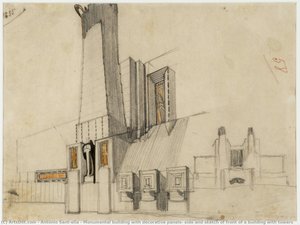 Monumental Building With Decorative Panels, Side And Sketch Of Front Of A Building With Towers — Antonio Sant'elia