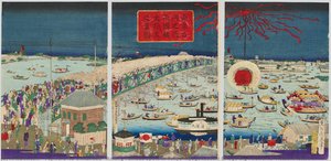 Among Famous Spots In Tokyo: Ryogokubashi Bridge Big Fireworks, Actual Picture — Fujiwara No Chikanobu