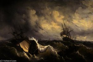 A fishing trawler at sea as a storm approaches, other shipping beyond