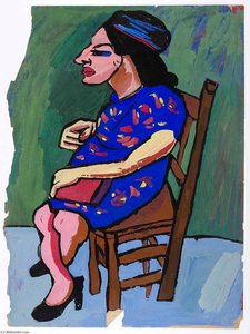 Seated Woman In Blue And Red Dress And Hat — William H. Johnson