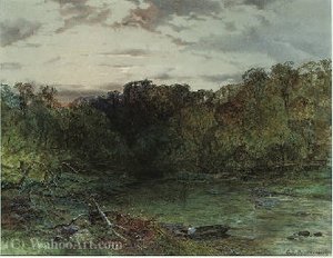 A Wooded River Landscape At Sunset — Charles Branwhite, Romanticism