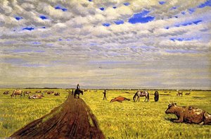 Manitoba Prairie Scene With Three Figures, Horses And Cattle — William George Richardson Hind