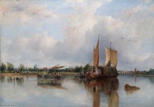 View Of Barges On The Thames With Henley-on-thames Beyond — Frederick Waters (william) Watts, Romanticism