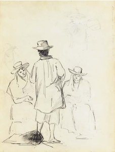 Two Seated Women Conversing With A Man Seen From Behind, With A Study Of A Man — Camille Pissarro, Impressionist Landscape Study