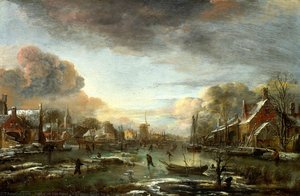 A Frozen River By A Town At Evening — Aert Van Der Neer