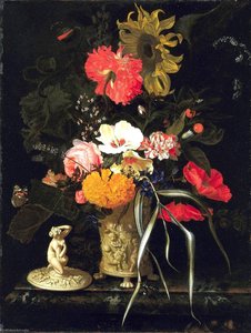 Flowers In A Vase With Embossed Decorations — Maria Van Oosterwijck
