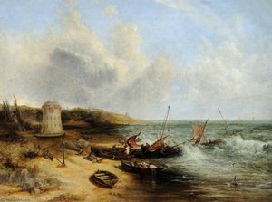 Coast Scene With Fishing Boats And A Martello Tower, Jersey — John Wright Oakes
