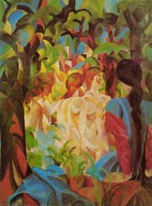 Girls Bathing with Town in Background