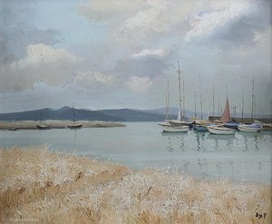 Wheat Field In Front Of Boats And Mountains — Marcel Dyf