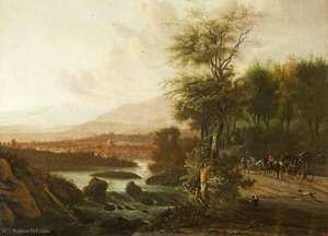 A Wooded River Landscape With A Coach And Figures On A Road — Willem Schellinks