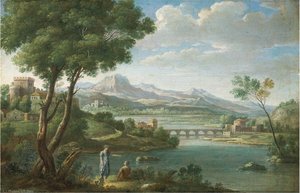 An Italianate Landscape With Figures Resting, A Fortress, Bridge And Mountains Beyond — Hendrik Frans Van Lint