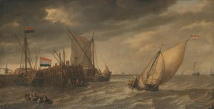 Travellers Disembarking at a Jetty on the Scheldt in Strong Winds, Bonaventura Peeters (I), c. 1635