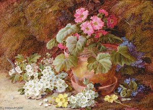 A Geranium In A Flower Pot With Primroses, May Blossom And African Violets On A Mossy Bank — Vincent Clare