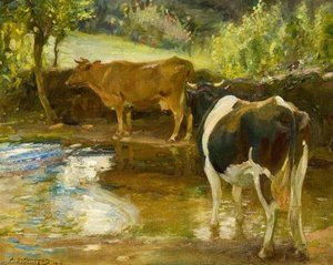 Cows At Water, Lamorna — Sir Alfred James Munnings